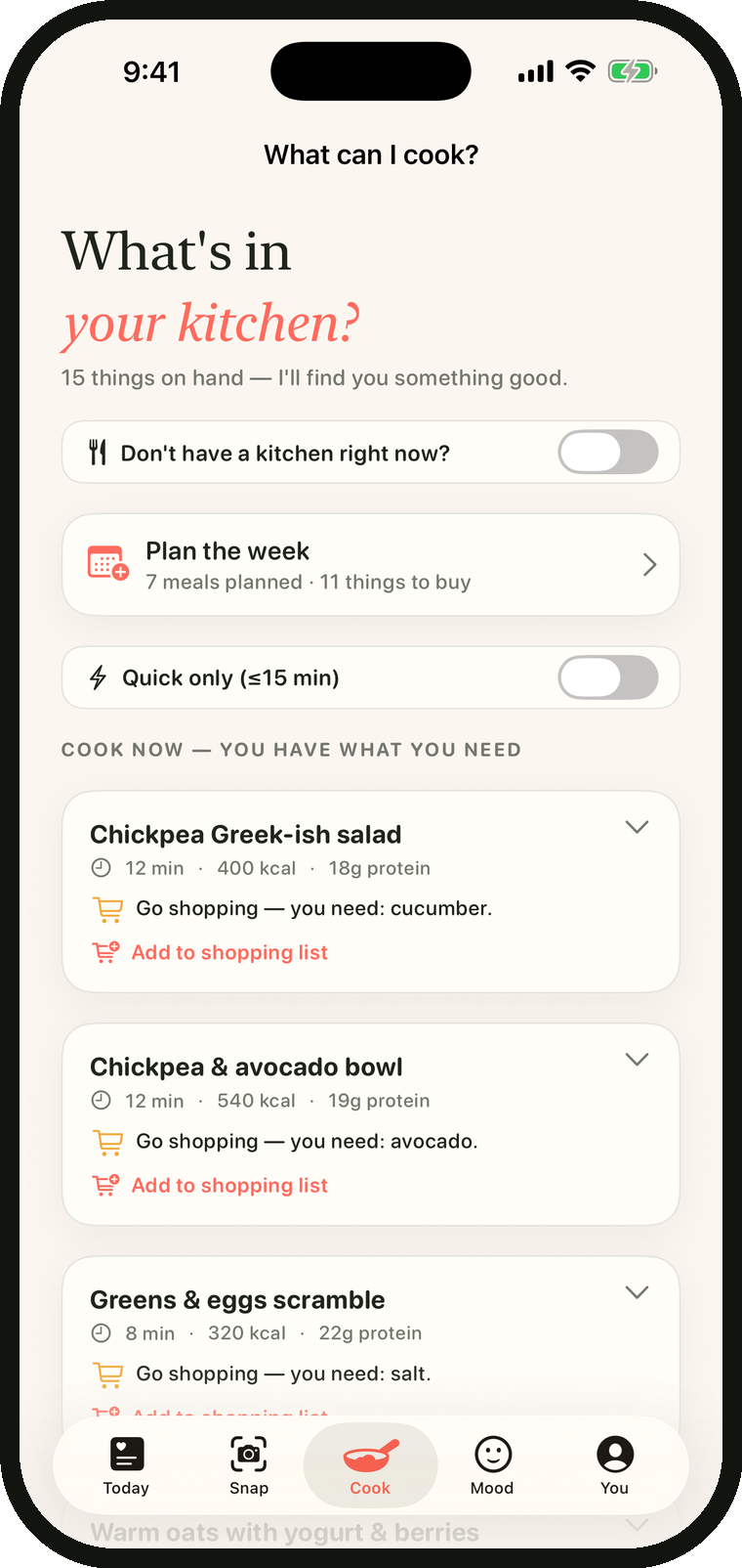 What can I cook? Recipes matched to fifteen things in the kitchen.