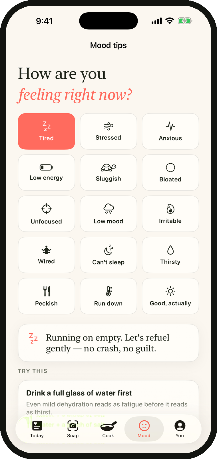 The mood screen, with 'Tired' selected and gentle tips below.